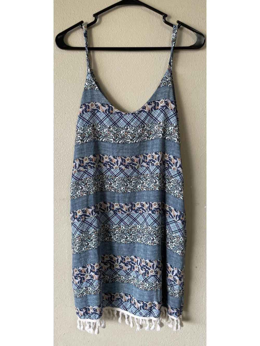 Lila Clothing Co Small Dress  Spaghetti Strap Fringe Hem Blue Floral